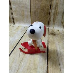 Vtg Christmas Flocked White Snoopy Style Dog Sledding Tree Ornament